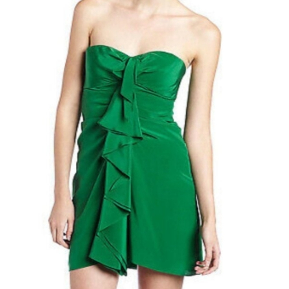 BCBGMaxAzria Gina Evergreen Cascading Ruffle Front Strapless Mini Dress Size 10